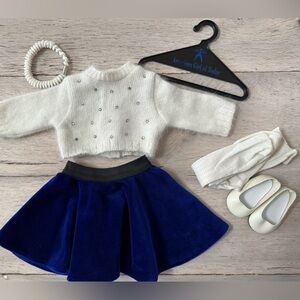 American Girl White Angora sweater and Blue velour skirt,tights shoes & hanger